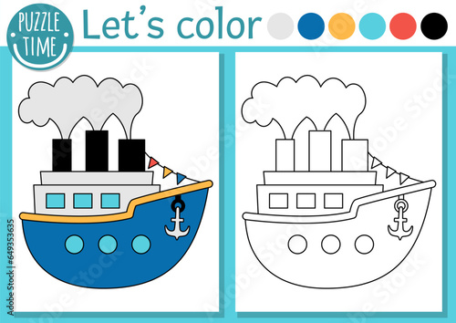Transportation coloring page for children with ship. Vector water transport outline illustration with cute steamship. Color book for kids with colored example. Drawing skills printable worksheet.