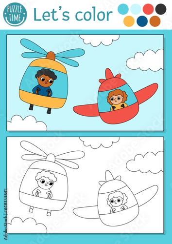 Transportation coloring page for children with plane, helicopter, pilots. Vector water transport outline illustration. Color book for kids with colored example. Drawing skills printable worksheet.