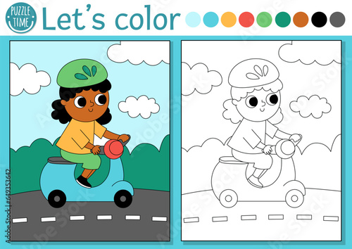 Transportation coloring page for children with girl on a scooter. Vector water transport outline illustration. Color book for kids with colored example. Drawing skills printable worksheet.