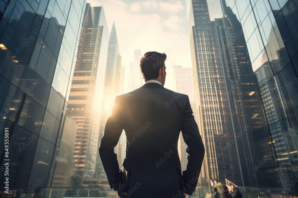 Back view of a businessman in a formal suit against the backdrop of skyscrapers in the business district of the city. Back view of a businessman in a formal suit against the backdrop of skyscrapers in the business district of the city.