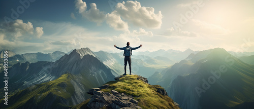 Hiker triumphantly standing at a mountain summit, embodying achievement and success, with a breathtaking view of nature's grandeur.