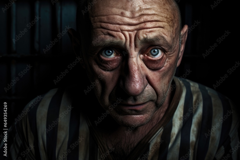 Prisoner man in prison cell. Portrait of sad adult man wearing striped robe, looking at camera.