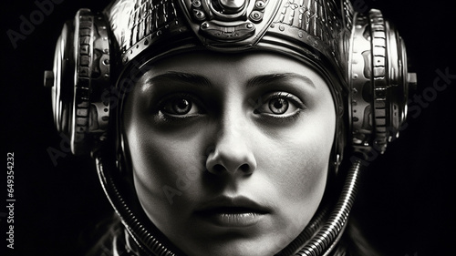 1950's Atomic age portrait of model as astronaut wearing sci-fi space suit and helmet in preparation for experimental interstellar travel to the moon and beyond.	