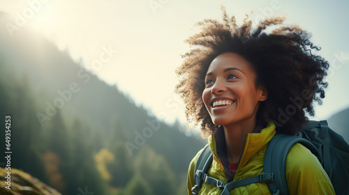 Joyful young African American woman hiking in nature, exuding vitality and laughter, embracing the beauty of the outdoors, mountains and forest in the background. photo