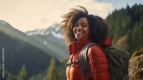 Joyful young African American woman hiking in nature, exuding vitality and laughter, embracing the beauty of the outdoors, mountains and forest in the background.