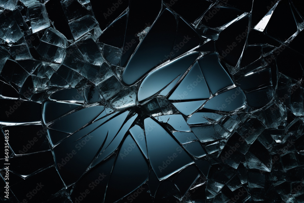 Cracked glass object on black background, shards of broken glass on ...