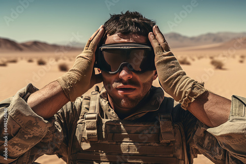 US soldier in the desert during the military operation turning to combat helicopter approaching covering his eyes. Backup is coming photo