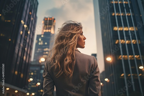 Murais de parede Back view of a blonde Scandinavian businesswoman in a formal suit against the backdrop of skyscrapers in the business district of the city