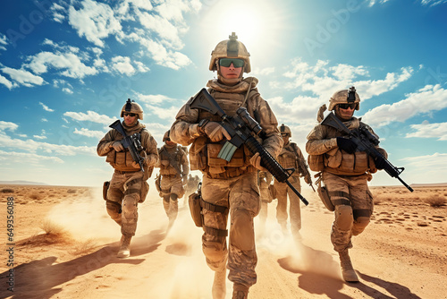Team of United states airborne infantry men with weapons moving patrolling desert storm. Sand, blue sky on background of squad, sunlight, front view photo
