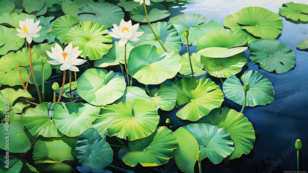 Waterlily in lake with cool shade of green, watercolor illustration Waterlily in lake with cool shade of green, watercolor illustration