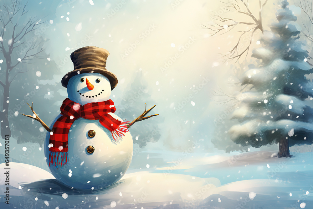 Vintage snowman in the middle of the winter blizzard on a Christmas eve, cartoon, generative ai 