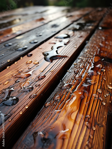 surface of a wooden table in wet rainy weather, generative ai 