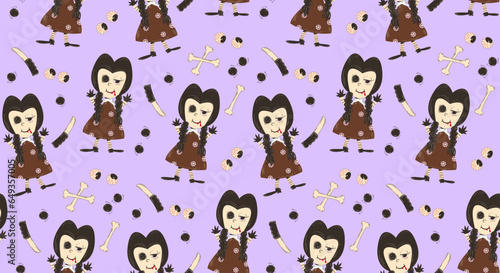 Colorful seamless background for Halloween. Pattern with a scary vampire doll in retro cartoon style. Trendy, modern, festive background.
