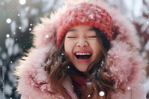 smiling happiness cheerful child girl in winter cloth palyful enjoy snow winter seasonal greeting outdoor photo