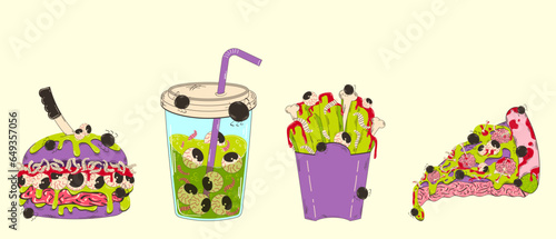 Colorful fast food illustration for Halloween in retro cartoon style. Burger with brains and eyes, fries with maggots and blood, pizza with spiders and brains, Soda with eyes.