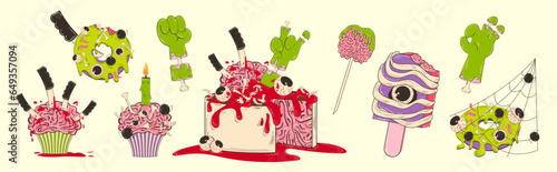 Colorful illustration of Halloween sweets in retro cartoon style. Vector illustration of zombie food. Cake and cupcakes with brains and blood, ice cream with an eye, zombie hand, donut with spiders.