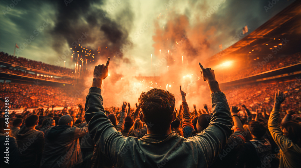 Cricket supporter, football supporter from back cheering from the