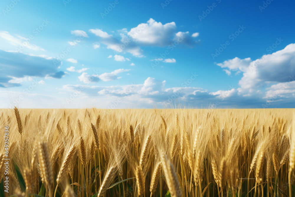 A wheat field border with blue sky and white clouds landscape