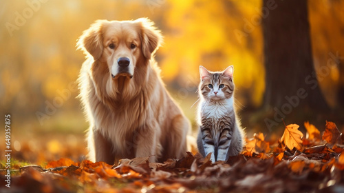 Beautiful cute dog and cat posing in an autumn park. Cute pets posing in an autumn forest. Best friends forever. Cute sweet dog and cat. Adorable couple. Sweet animals. © Dirk