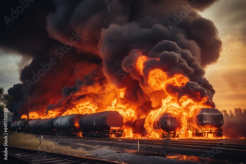 Concept technogenic disaster. View of a train derailed exploding with fire and smoke. Tanks burning fire with pesticides. Wagons freight train carrying hazardous substances derailed. © Stavros