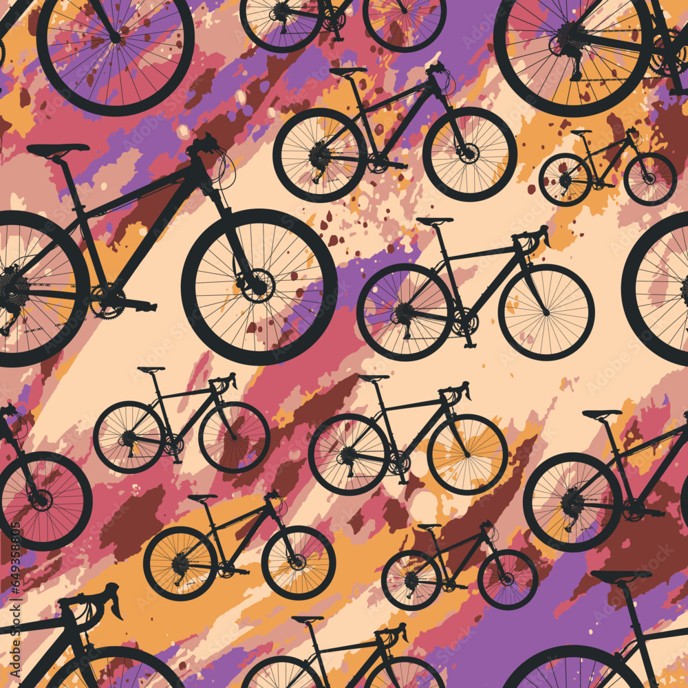 Black bicycle seamless pattern over colorful water color effect at background
