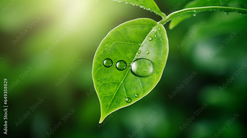 Green leaf with water droplet for decrease CO2 - obrazy, fototapety, plakaty 