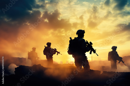 Silhouettes of army soldiers in the fog against a sunset, marines team in action, surrounded fire and smoke, shooting with assault rifle and machine gun, attacking enemy