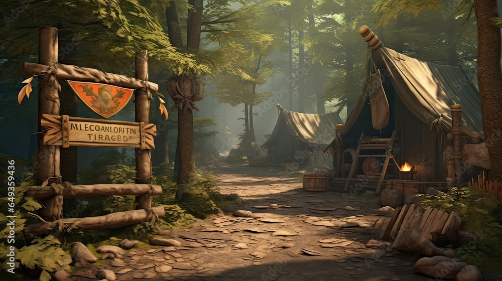 Obraz premium Outdoor gatherings, picnic tradition, tablecloth in the wilderness, camping culinary delights, forest dining, picnic coziness, connection with nature. Generated by AI.