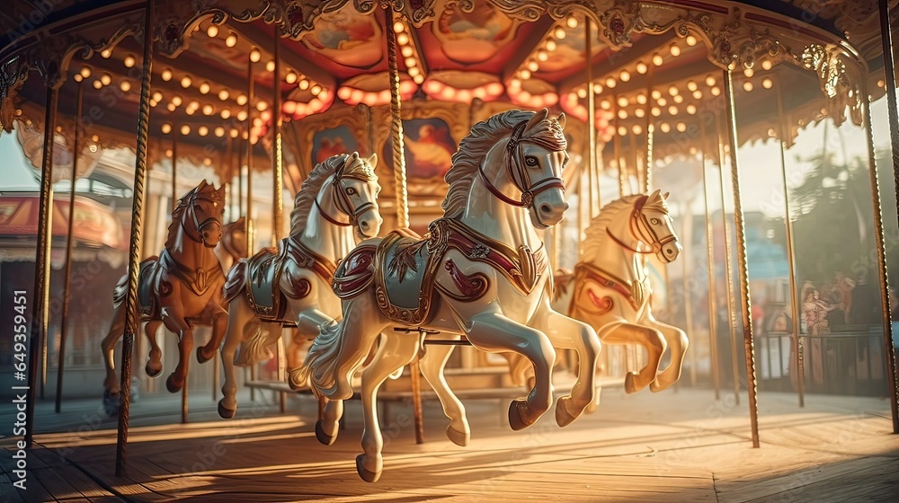 Whirling delight, vintage carousel, entrancing equines, carousel's graceful dance, rhythmic amusement, fairground magic, carousel fascination. Generated by AI.