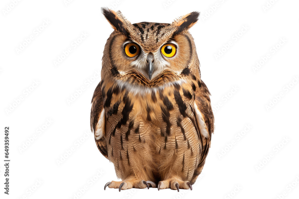Obraz premium Portrait of Grey Owl looking at camera isolated on transparent background, raptors animal wildlife and habitat concept, Environmental Conservation.