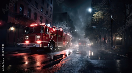 Reflective emergency lights, wet pavement, firefighting commitment, dramatic tableau, safety preparedness. Generated by AI.