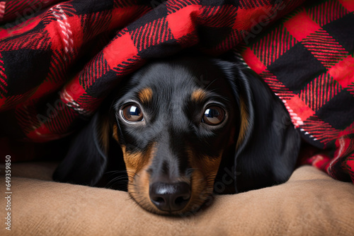 Close up of a dachshund dog, sleeping dog in a cozy blanket  © reddish