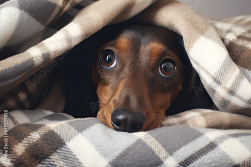 Close up of a dachshund dog, sleeping dog in a cozy blanket 