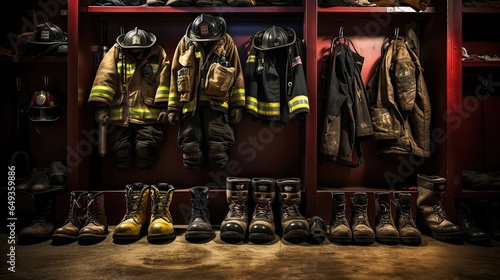 Firefighter equipment, aligned boots, fire station readiness, emergency response, safety dedication. Generated by AI. photo