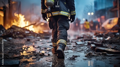 Boots amidst debris, firefighting effort, fire scene aftermath, safety commitment. Generated by AI. photo