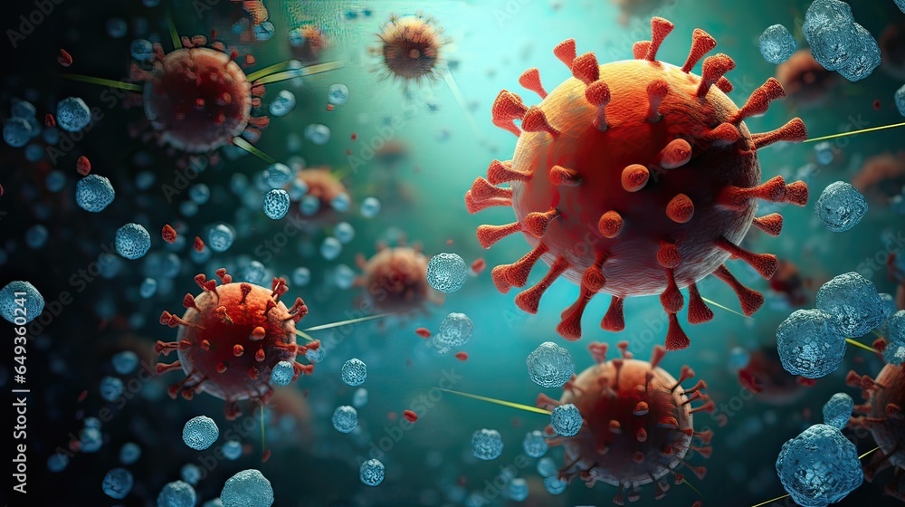 Human host and virus at the cellular level. Molecular warfare, immune system defense, viral invasion, cellular struggle, microscopic combat. Generated by AI. Human host and virus at the cellular level. Molecular warfare, immune system defense, viral invasion, cellular struggle, microscopic combat. Generated by AI.