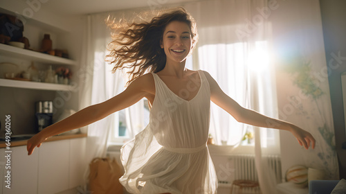 Young woman expressing freedom and vitality as she dances alone at home, a genuine celebration of emotion and personal lifestyle.