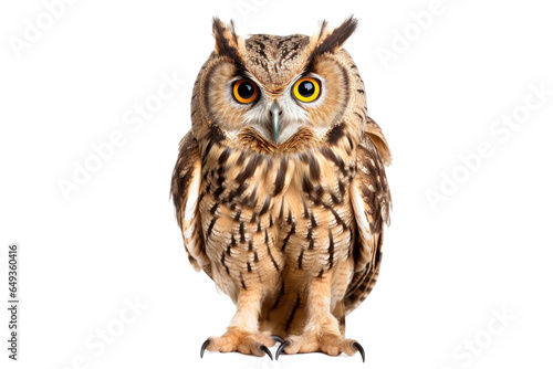 Portrait of Grey Owl looking at camera isolated on transparent background  raptors animal wildlife and habitat concept  Environmental Conservation.