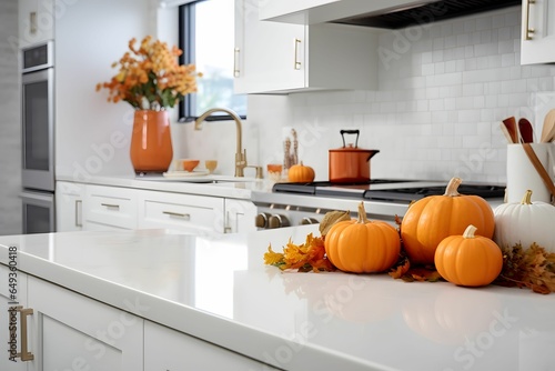 White kitchen decorated for autumn season with pumpkin
