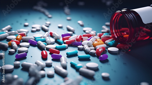Sprinkled multi-colored capsules, tablets, vitamins, antibiotics. Generative AI