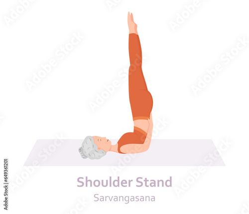Shoulder Stand Yoga pose. Sarvangasana. Elderly woman practicing yoga asana. Healthy lifestyle. Flat cartoon character. Vector illustration