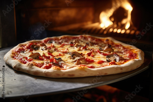 Pizza is baked in wood burning oven. Traditional italian cuisine