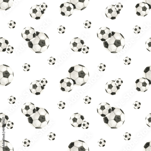 Soccer ball. Football balls. Seamless pattern. Watercolor hand drawn illustration. Isolated. Sports equipment. For football club  sporting goods stores  poster and postcard design