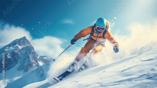 A young man playing skiing on winter time, background is a mountain.
