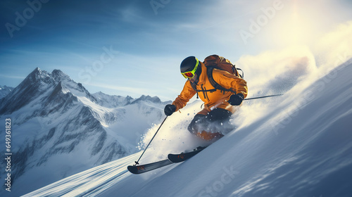 A young man playing skiing on winter time, background is a mountain.