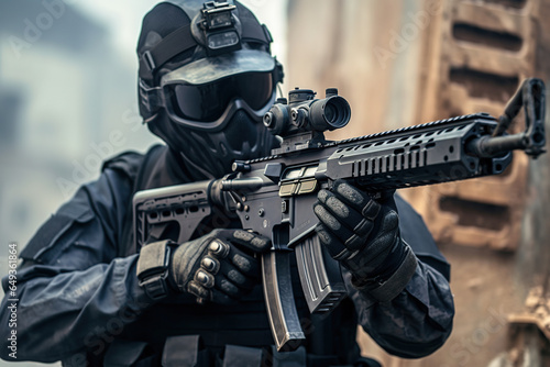 Elite special unit soldier with gasmask is holding assault rifle and aiming at the target