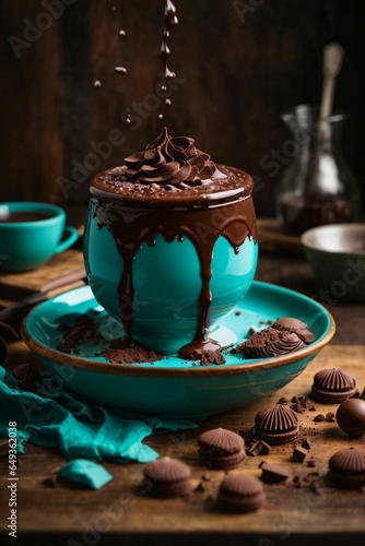 A delicious chocolate dessert with chocolate shavings and chunks, set on turquoise tableware on a wooden table, captured in a mirror-less camera style, with a blurred background