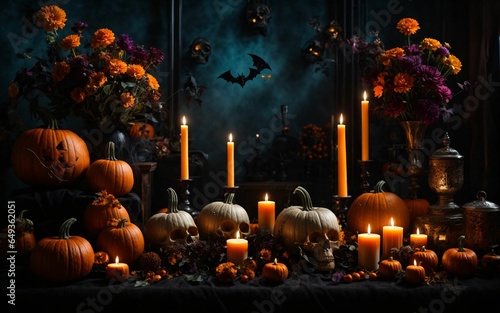Images of pumpkins, flowers, wood, candles, and skulls representing Halloween. Ready-made images thoughtfully composed for commercial use
