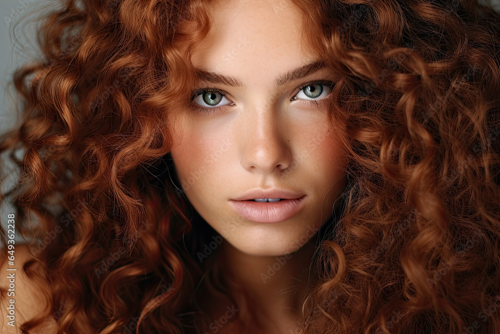 Close up of a woman with healthy curly natural red hair, National Hair Day banner Close up of a woman with healthy curly natural red hair, National Hair Day banner