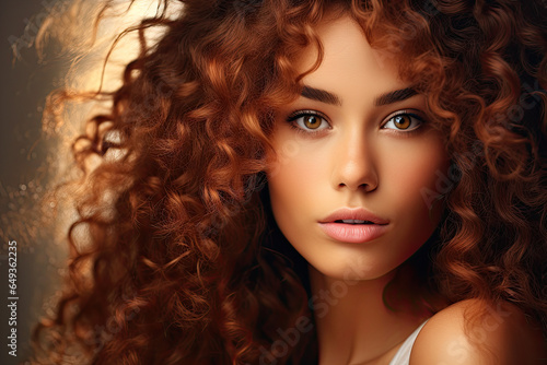 Close up of a woman with healthy curly natural red hair, National Hair Day banner 